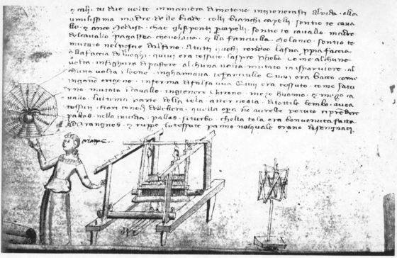 Aracne al telaio. Anonimo florentino. 1370-1380. Biblioteca nacional, Florencia. ilustración para libro metamorfosis de ovidio